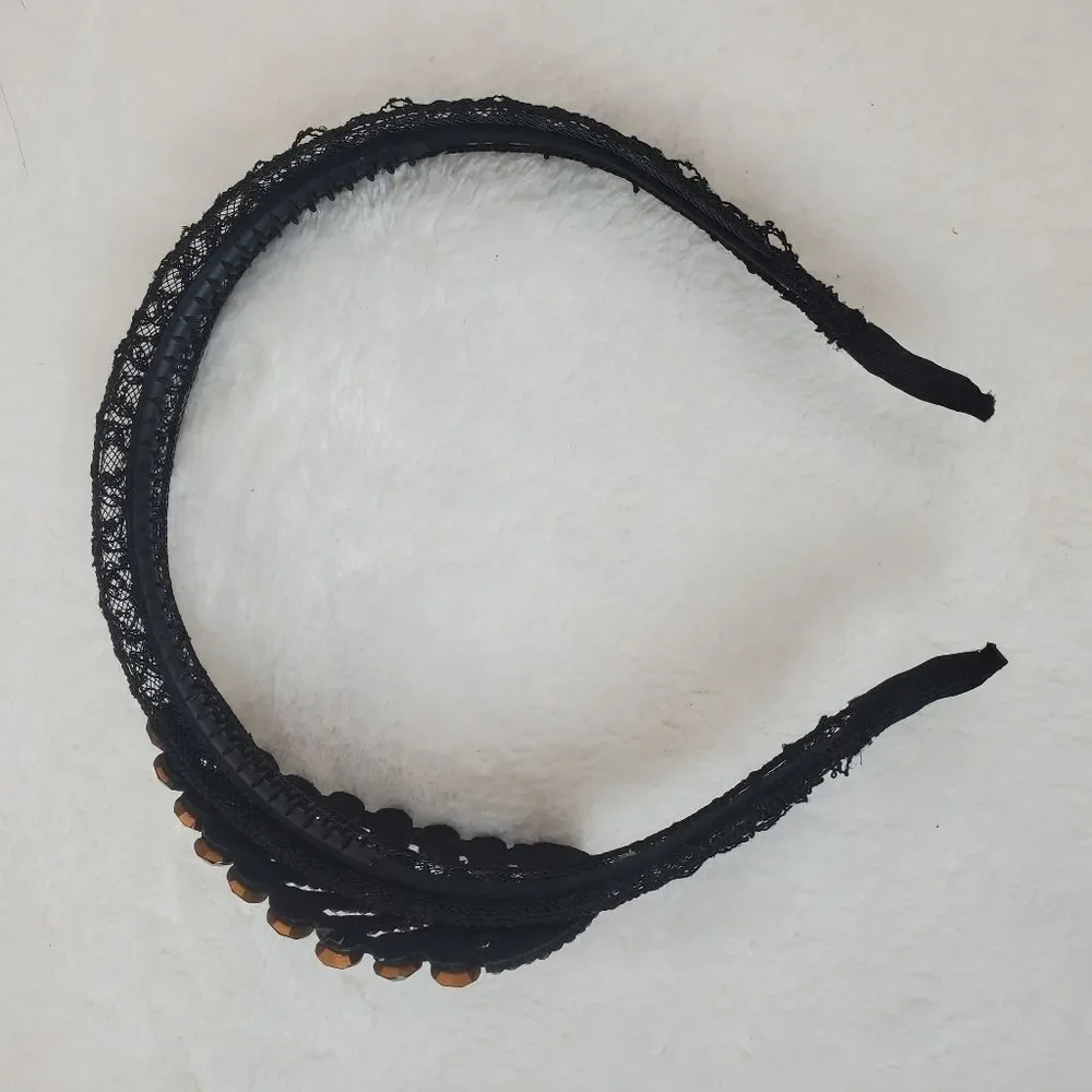 Champagne Pink Crystals Leaf Black Lace Hairband